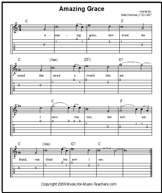Amazing Grace Hymn for Guitar with easy tabs - Lead Sheets ...
