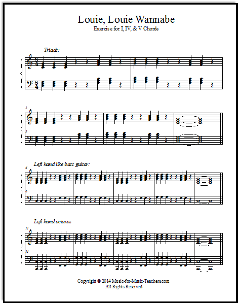 Louie Louie Sheet Music for Piano Chord Exercises