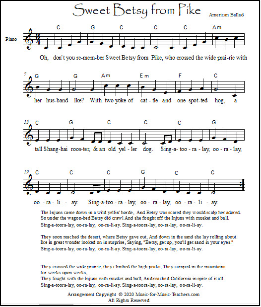 Sweet Betsy From Pike lead sheet with simple to read quarter notes